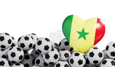 Foto de Corazón de bandera de Senegal con un fondo de pelota de fútbol. Banner de fútbol. Renderizado 3D. - Imagen libre de derechos