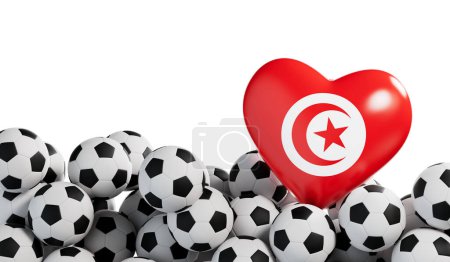 Foto de Corazón de bandera de Túnez con un fondo de pelota de fútbol. Banner de fútbol. Renderizado 3D. - Imagen libre de derechos