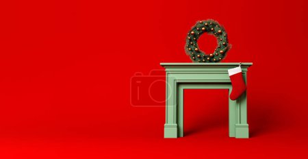 Foto de Medias festivas colgando de una chimenea en Navidad con corona. Diseño mínimo. Renderizado 3D. - Imagen libre de derechos