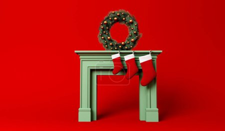 Téléchargez les photos : Bas de fête suspendu à une cheminée à Noël avec une couronne. Conception minimale. Rendu 3D. - en image libre de droit