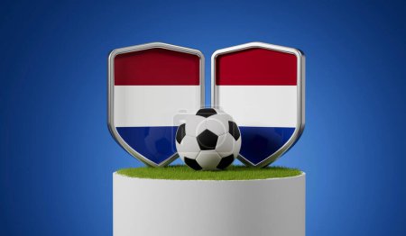 Foto de Escudo de fútbol bandera de los Países Bajos con pelota de fútbol en un podio de hierba. Renderizado 3D. - Imagen libre de derechos