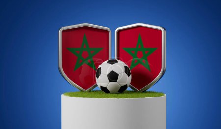 Photo for Morocco flag soccer shield with football ball on a grass podium. 3D Rendering. - Royalty Free Image