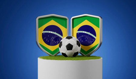 Foto de Escudo de fútbol bandera de Brasil con pelota de fútbol en un podio de hierba. Renderizado 3D. - Imagen libre de derechos