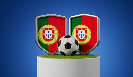 Photo for Portugal flag soccer shield with football ball on a grass podium. 3D Rendering. - Royalty Free Image