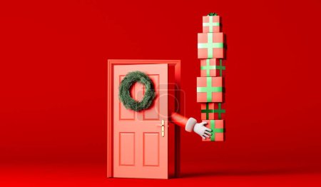 Téléchargez les photos : Dessin animé Père Noël main livrant des cadeaux à travers une porte d'entrée rouge. Rendu 3D. - en image libre de droit