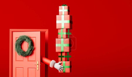 Téléchargez les photos : Dessin animé Père Noël main livrant des cadeaux à travers une porte d'entrée rouge. Rendu 3D. - en image libre de droit