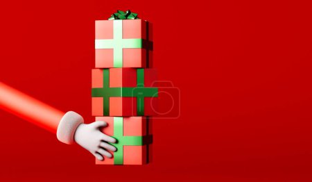 Photo pour Cartoon père noël bras courbé tenant une boîte cadeau cadeau cadeau de fête. Rendu 3D. - image libre de droit