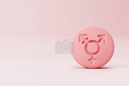 Foto de Pastilla de hormona de género con un símbolo transgénero. Renderizado 3D. - Imagen libre de derechos