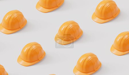 Téléchargez les photos : Une collection de chapeaux de sécurité de construction. fond isométrique. Rendu 3D. - en image libre de droit