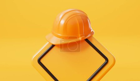 Téléchargez les photos : Chapeau de construction jaune sur un panneau de chantier vierge. Rendu 3D. - en image libre de droit