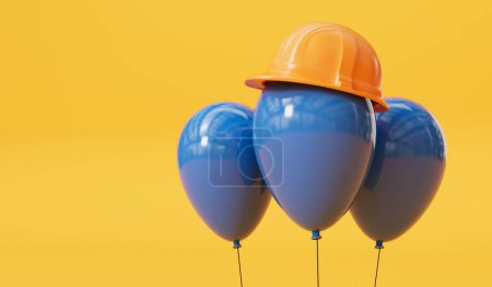 Téléchargez les photos : Ballon de fête portant un casque de construction jaune. jour de travail fond. Rendu 3D. - en image libre de droit