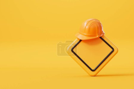 Foto de Sombrero duro de construcción amarilla en un letrero de construcción en blanco. Renderizado 3D. - Imagen libre de derechos