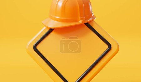 Foto de Sombrero duro de construcción amarilla en un letrero de construcción en blanco. Renderizado 3D. - Imagen libre de derechos