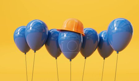 Photo for Celebration party balloon wearing a yellow construction hard hat. labor day background. 3D Rendering. - Royalty Free Image