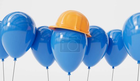 Foto de Globo de fiesta de celebración con un sombrero duro de construcción amarilla. antecedentes del día del trabajo. Renderizado 3D. - Imagen libre de derechos