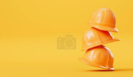 Téléchargez les photos : Bâtisseurs jaunes casque de protection sur un fond jaune. Rendu 3D. - en image libre de droit