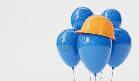 Téléchargez les photos : Ballon de fête portant un casque de construction jaune. jour de travail fond. Rendu 3D. - en image libre de droit