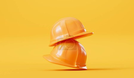 Téléchargez les photos : Bâtisseurs jaunes casque de protection sur un fond jaune. Rendu 3D. - en image libre de droit