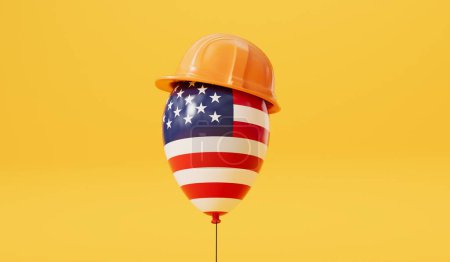 Téléchargez les photos : Ballon de fête du drapeau des États-Unis portant un casque dur. jour de travail fond. Rendu 3D. - en image libre de droit