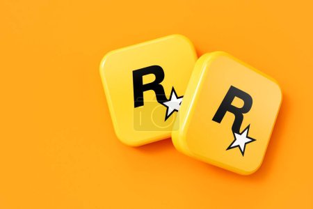 Téléchargez les photos : LONDRES, Royaume-Uni - Juillet 2023 : Rockstar logo de la société de jeux vidéo. Rendu 3D. - en image libre de droit
