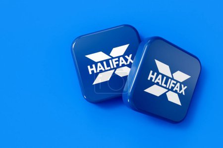 Téléchargez les photos : LONDRES, Royaume-Uni - Juillet 2023 : Logo de la banque Halifax bleu et blanc. Rendu 3D. - en image libre de droit