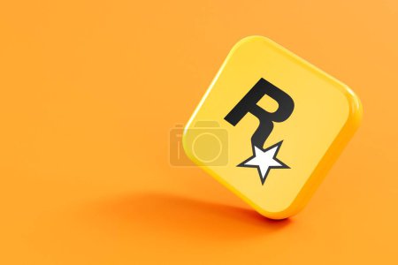Téléchargez les photos : LONDRES, Royaume-Uni - Juillet 2023 : Rockstar logo de la société de jeux vidéo. Rendu 3D. - en image libre de droit