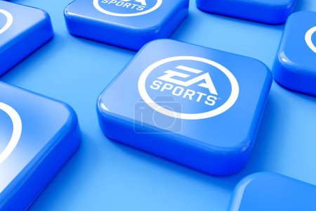 Téléchargez les photos : LONDRES, Royaume-Uni - Juillet 2023 : Logo de la société EA Sports, Electronic arts est une société de jeux vidéo. Rendu 3D. - en image libre de droit