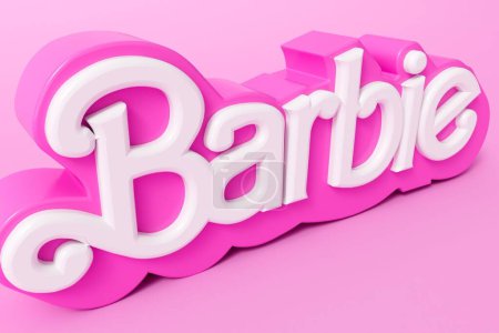 Foto de LONDRES, Reino Unido - Julio 2023: Muñeca Barbie logo. Barbie es una muñeca de moda hecha por Mattel. Renderizado 3D. - Imagen libre de derechos