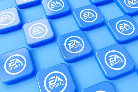 Foto de LONDRES, Reino Unido - Julio de 2023: EA Sports company logo, Electronic arts es una empresa de videojuegos. Renderizado 3D. - Imagen libre de derechos