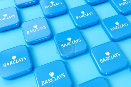 Téléchargez les photos : LONDRES, Royaume-Uni - Juillet 2023 : Barclays bank blue and white company logo. Rendu 3D. - en image libre de droit