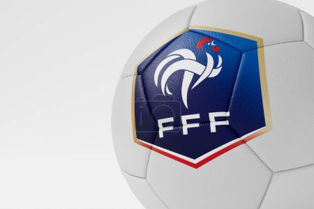 Foto de LONDRES, Reino Unido - julio de 2023: Insignia del equipo nacional de fútbol de Francia en una pelota de fútbol. Renderizado 3D. - Imagen libre de derechos