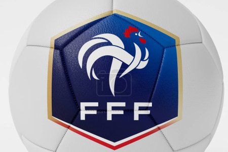Téléchargez les photos : LONDRES, ROYAUME-UNI - Juillet 2023 : Insigne du logo de l "équipe nationale de France de football sur un ballon de football. Rendu 3D. - en image libre de droit