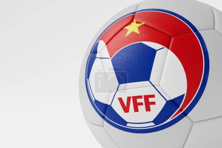Foto de LONDRES, Reino Unido - julio de 2023: Insignia del equipo nacional de fútbol de Vietnam en una pelota de fútbol. Renderizado 3D. - Imagen libre de derechos
