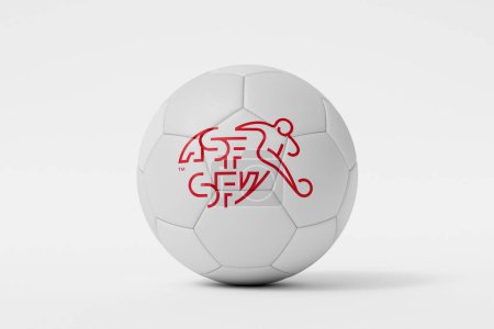 Foto de LONDRES, Reino Unido - julio de 2023: Insignia del equipo nacional de fútbol suizo en una pelota de fútbol. Renderizado 3D. - Imagen libre de derechos