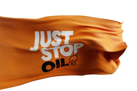 Photo for LONDON, UK - July 2023: Just stop oil environmental protest activist logo on a flag. 3D Rendering. - Royalty Free Image