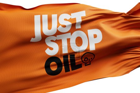 Photo for LONDON, UK - July 2023: Just stop oil environmental protest activist logo on a flag. 3D Rendering. - Royalty Free Image