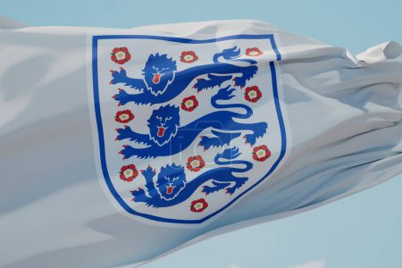 Foto de LONDRES, Reino Unido - Julio 2023: Insignia del equipo nacional de fútbol de Inglaterra en una bandera voladora. Renderizado 3D. - Imagen libre de derechos