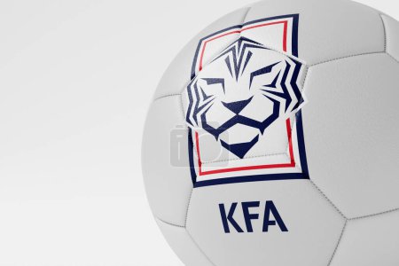 Téléchargez les photos : LONDRES, Royaume-Uni - Juillet 2023 : badge de l'équipe nationale de football de la République de Corée sur un ballon de football. Rendu 3D. - en image libre de droit