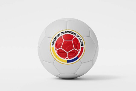 Foto de LONDRES, Reino Unido - Julio 2023: Insignia del equipo nacional de fútbol de Colombia en una pelota de fútbol. Renderizado 3D. - Imagen libre de derechos