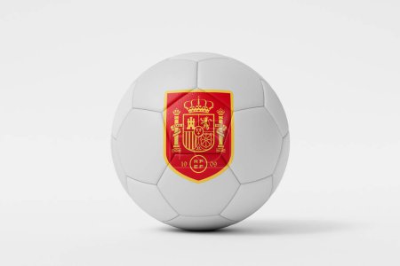 Téléchargez les photos : LONDRES, Royaume-Uni - Juillet 2023 : Insigne du logo de l "équipe nationale espagnole de football sur un ballon de football. Rendu 3D. - en image libre de droit