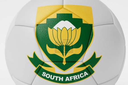 Foto de LONDRES, Reino Unido - julio de 2023: Insignia del equipo nacional de fútbol de Sudáfrica en una pelota de fútbol. Renderizado 3D. - Imagen libre de derechos