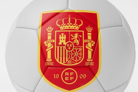 Téléchargez les photos : LONDRES, Royaume-Uni - Juillet 2023 : Insigne du logo de l "équipe nationale espagnole de football sur un ballon de football. Rendu 3D. - en image libre de droit