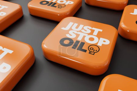 Téléchargez les photos : LONDRES, Royaume-Uni - Juillet 2023 : Il suffit d'arrêter le logo militant écologiste du pétrole. Rendu 3D. - en image libre de droit