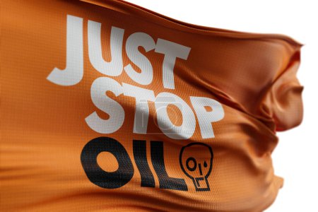 Téléchargez les photos : LONDRES, Royaume-Uni - Juillet 2023 : Il suffit d'arrêter le logo militant écologiste du pétrole sur un drapeau. Rendu 3D. - en image libre de droit