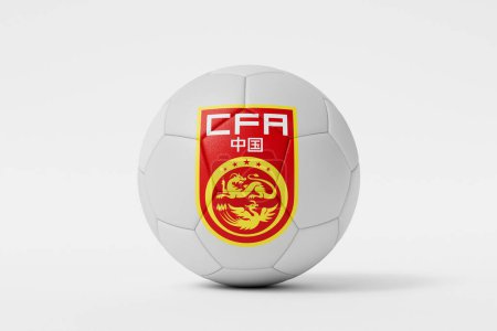 Foto de LONDRES, Reino Unido - Julio de 2023: Insignia del equipo nacional de fútbol de China en una pelota de fútbol. Renderizado 3D. - Imagen libre de derechos