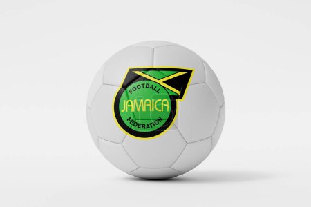 Foto de LONDRES, Reino Unido - julio de 2023: Insignia del equipo nacional de fútbol de Jamaica en una pelota de fútbol. Renderizado 3D. - Imagen libre de derechos