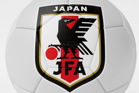 Téléchargez les photos : LONDRES, Royaume-Uni - Juillet 2023 : Insigne du logo de l'équipe nationale de football japonaise sur un ballon de football. Rendu 3D. - en image libre de droit