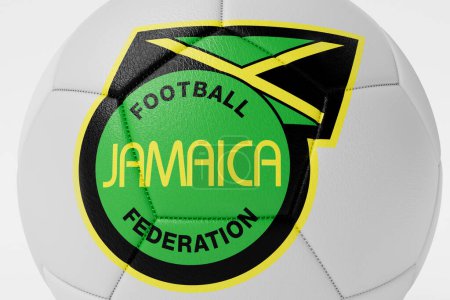 Foto de LONDRES, Reino Unido - julio de 2023: Insignia del equipo nacional de fútbol de Jamaica en una pelota de fútbol. Renderizado 3D. - Imagen libre de derechos