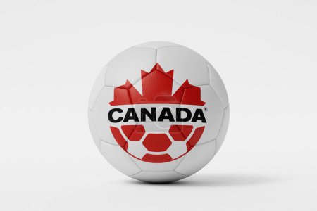 Téléchargez les photos : LONDRES, R.-U. - Juillet 2023 : Insigne du logo de l "équipe nationale de football du Canada sur un ballon de soccer. Rendu 3D. - en image libre de droit