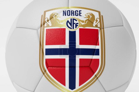 Foto de LONDRES, Reino Unido - julio de 2023: Insignia del equipo nacional de fútbol de Noruega en una pelota de fútbol. Renderizado 3D. - Imagen libre de derechos
